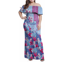 Hawaiian Tribal Manta Ray Family Matching Off Shoulder Maxi Dress and Hawaiian Shirt Kakau Tattoo and Flowers Surfing Waves Pattern Soft Color LT03 Mom's Dress Multicolor - Polynesian Pride