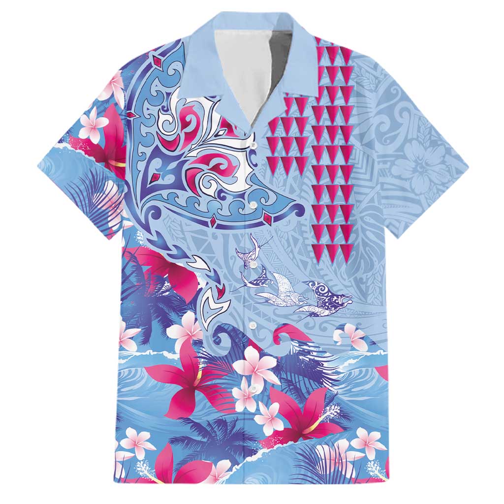 Hawaiian Tribal Manta Ray Family Matching Off Shoulder Short Dress and Hawaiian Shirt Kakau Tattoo and Flowers Surfing Waves Pattern Soft Color LT03 Dad's Shirt - Short Sleeve Multicolor - Polynesian Pride