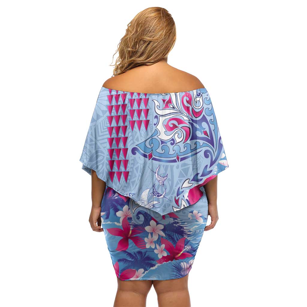 Hawaiian Tribal Manta Ray Family Matching Off Shoulder Short Dress and Hawaiian Shirt Kakau Tattoo and Flowers Surfing Waves Pattern Soft Color LT03 - Polynesian Pride