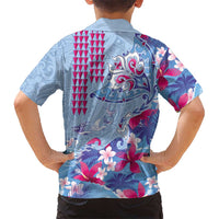 Hawaiian Tribal Manta Ray Family Matching Puletasi and Hawaiian Shirt Kakau Tattoo and Flowers Surfing Waves Pattern Soft Color LT03 - Polynesian Pride