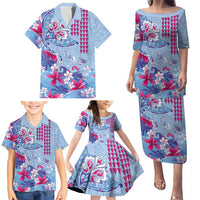 Hawaiian Tribal Manta Ray Family Matching Puletasi and Hawaiian Shirt Kakau Tattoo and Flowers Surfing Waves Pattern Soft Color LT03 - Polynesian Pride