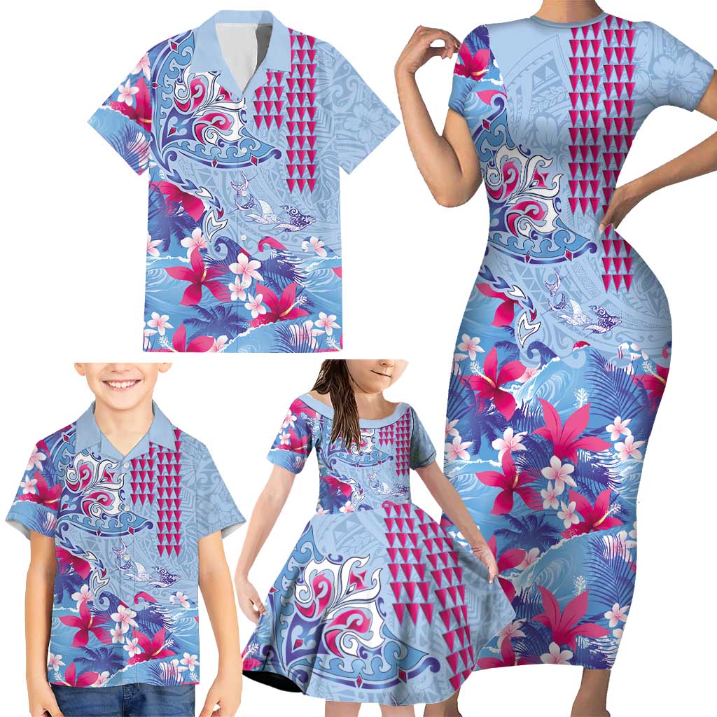 Hawaiian Tribal Manta Ray Family Matching Short Sleeve Bodycon Dress and Hawaiian Shirt Kakau Tattoo and Flowers Surfing Waves Pattern Soft Color