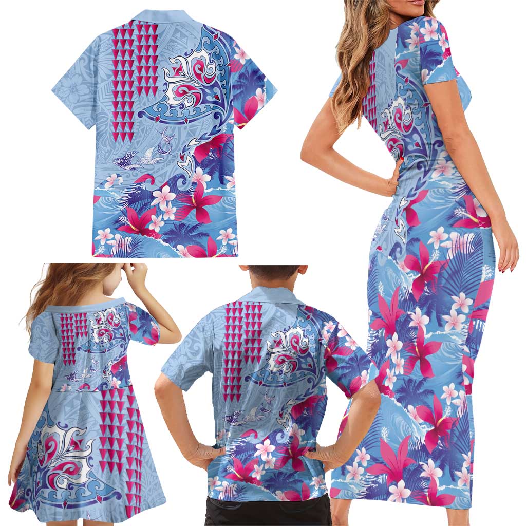 Hawaiian Tribal Manta Ray Family Matching Short Sleeve Bodycon Dress and Hawaiian Shirt Kakau Tattoo and Flowers Surfing Waves Pattern Soft Color LT03 - Polynesian Pride