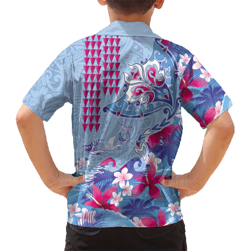Hawaiian Tribal Manta Ray Family Matching Tank Maxi Dress and Hawaiian Shirt Kakau Tattoo and Flowers Surfing Waves Pattern Soft Color LT03 - Polynesian Pride