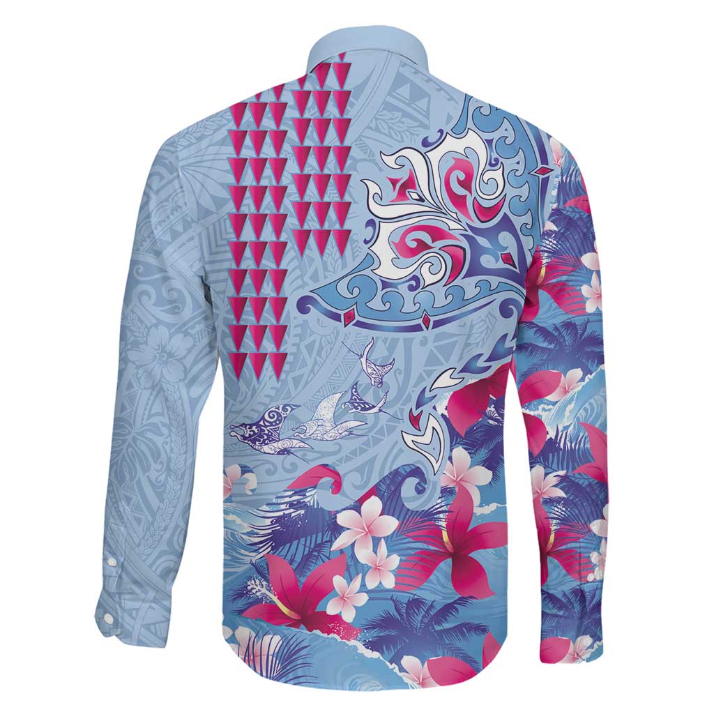 Hawaiian Tribal Manta Ray Family Matching Tank Maxi Dress and Hawaiian Shirt Kakau Tattoo and Flowers Surfing Waves Pattern Soft Color LT03 - Polynesian Pride