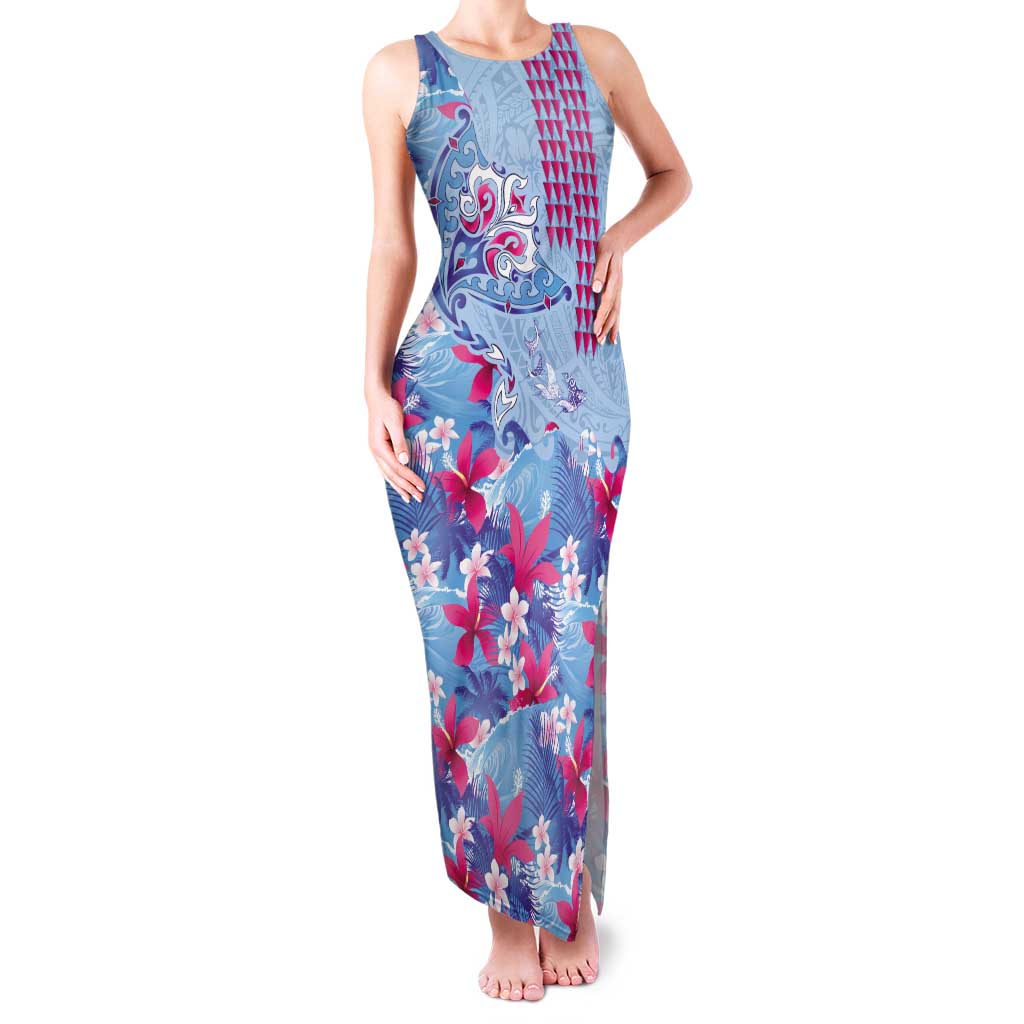 Hawaiian Tribal Manta Ray Family Matching Tank Maxi Dress and Hawaiian Shirt Kakau Tattoo and Flowers Surfing Waves Pattern Soft Color LT03 Mom's Dress Multicolor - Polynesian Pride