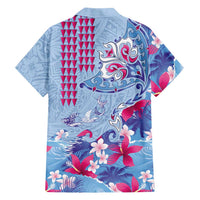 Hawaiian Tribal Manta Ray Hawaiian Shirt Kakau Tattoo and Flowers Surfing Waves Pattern Soft Color LT03 - Polynesian Pride