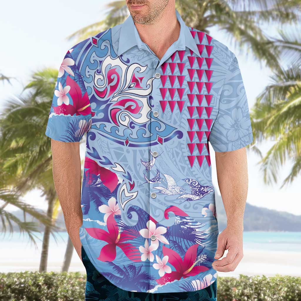 Hawaiian Tribal Manta Ray Hawaiian Shirt Kakau Tattoo and Flowers Surfing Waves Pattern Soft Color LT03 - Polynesian Pride