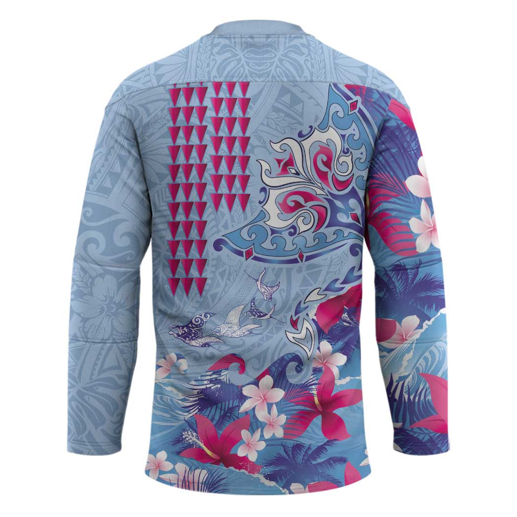 Hawaiian Tribal Manta Ray Hockey Jersey Kakau Tattoo and Flowers Surfing Waves Pattern Soft Color LT03 - Polynesian Pride
