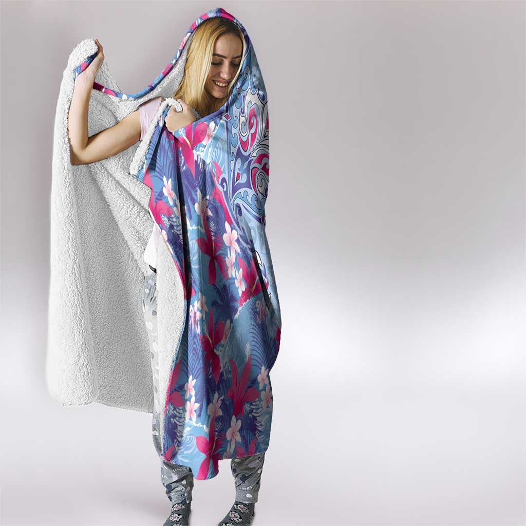 Hawaiian Tribal Manta Ray Hooded Blanket Kakau Tattoo and Flowers Surfing Waves Pattern Soft Color LT03 - Polynesian Pride