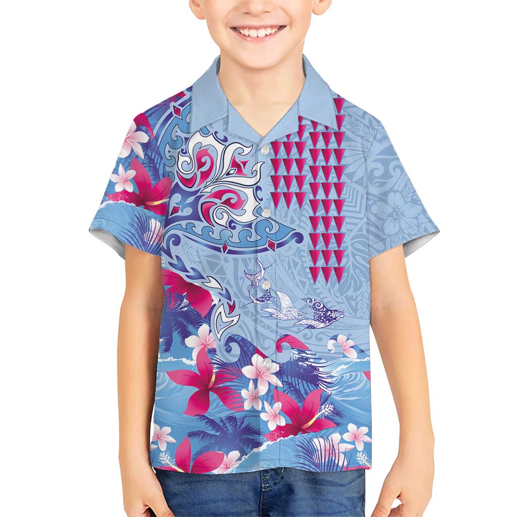 Hawaiian Tribal Manta Ray Kid Hawaiian Shirt Kakau Tattoo and Flowers Surfing Waves Pattern Soft Color