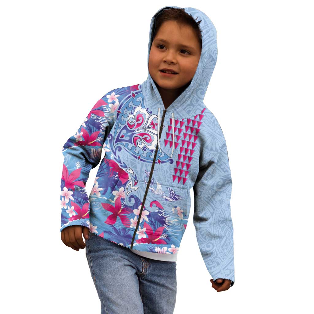 Hawaiian Tribal Manta Ray Kid Hoodie Kakau Tattoo and Flowers Surfing Waves Pattern Soft Color LT03 - Polynesian Pride
