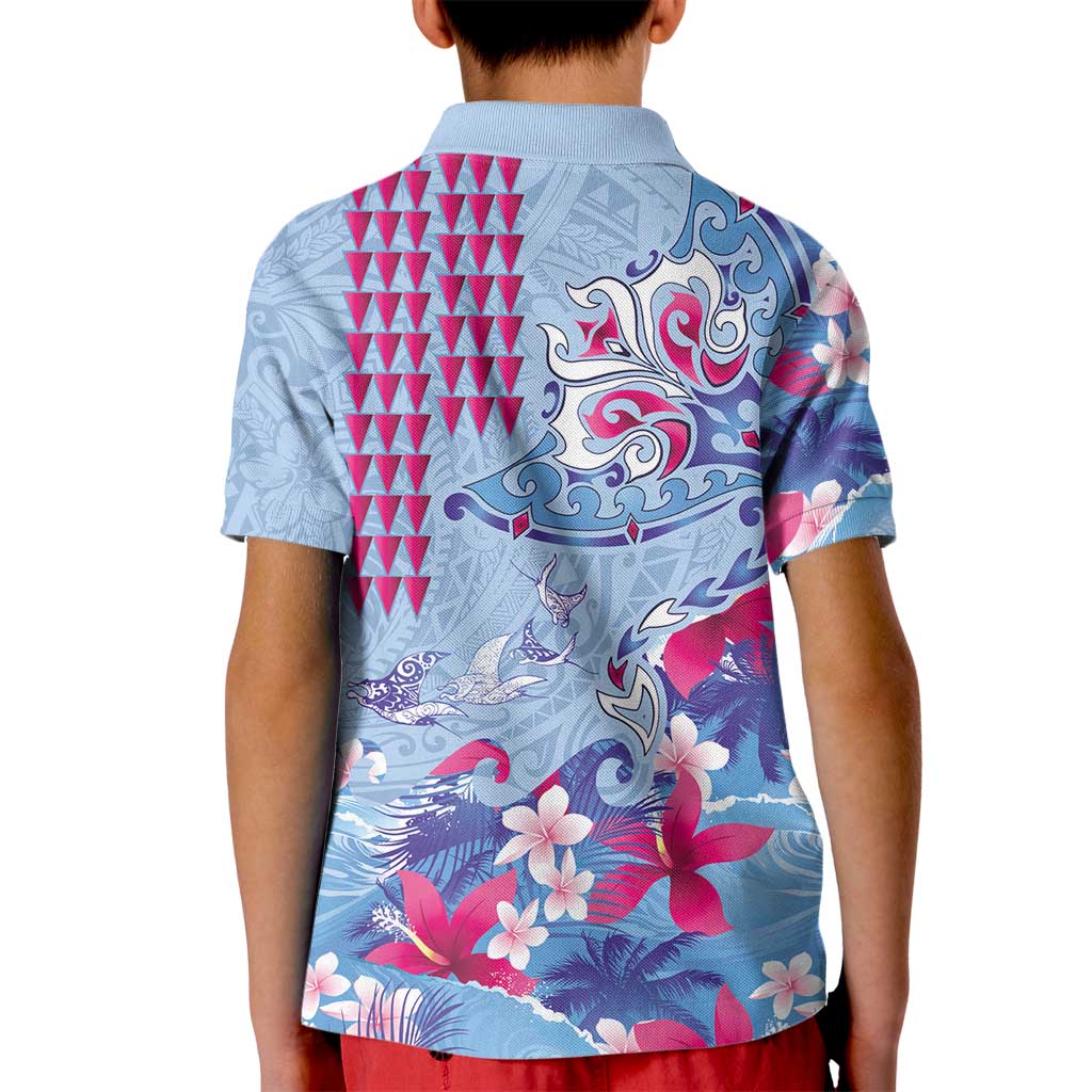 Hawaiian Tribal Manta Ray Kid Polo Shirt Kakau Tattoo and Flowers Surfing Waves Pattern Soft Color LT03 - Polynesian Pride