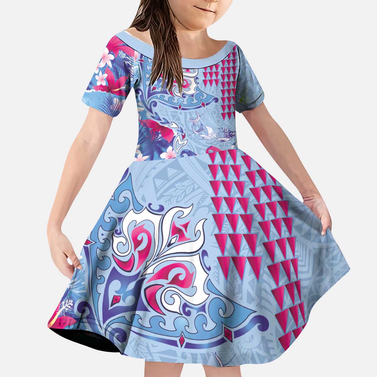 Hawaiian Tribal Manta Ray Kid Short Sleeve Dress Kakau Tattoo and Flowers Surfing Waves Pattern Soft Color LT03 KID Multicolor - Polynesian Pride