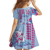 Hawaiian Tribal Manta Ray Kid Short Sleeve Dress Kakau Tattoo and Flowers Surfing Waves Pattern Soft Color LT03 - Polynesian Pride
