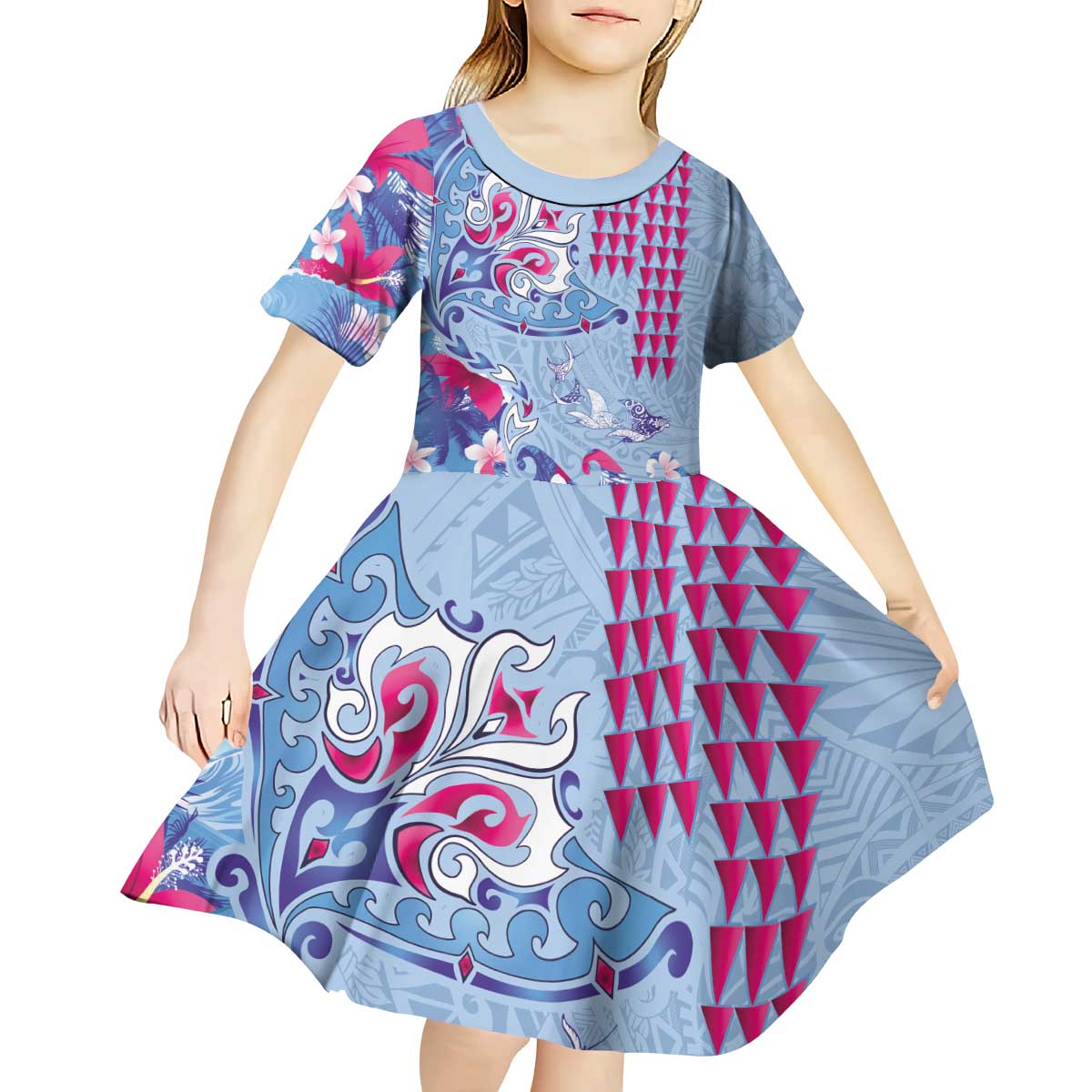 Hawaiian Tribal Manta Ray Kid Short Sleeve Dress Kakau Tattoo and Flowers Surfing Waves Pattern Soft Color LT03 - Polynesian Pride