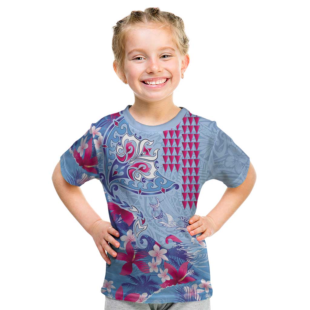 Hawaiian Tribal Manta Ray Kid T Shirt Kakau Tattoo and Flowers Surfing Waves Pattern Soft Color LT03 Multicolor - Polynesian Pride