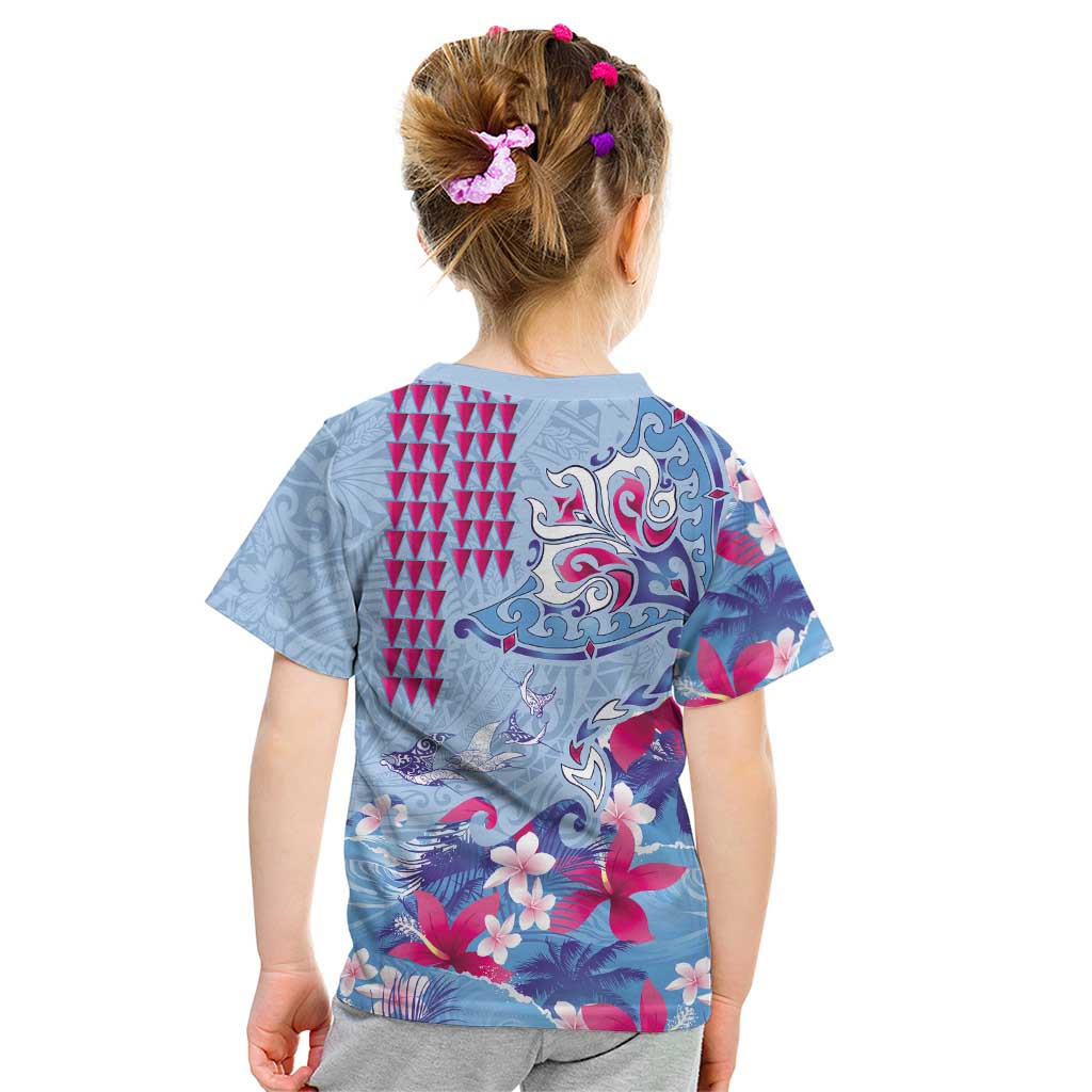 Hawaiian Tribal Manta Ray Kid T Shirt Kakau Tattoo and Flowers Surfing Waves Pattern Soft Color LT03 - Polynesian Pride