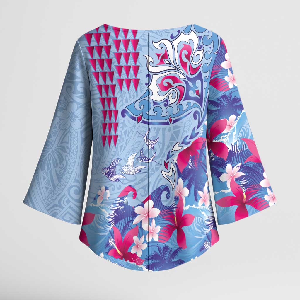 Hawaiian Tribal Manta Ray Kimono Sleeve Blouse Kakau Tattoo and Flowers Surfing Waves Pattern Soft Color LT03 - Polynesian Pride