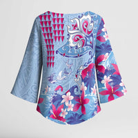 Hawaiian Tribal Manta Ray Kimono Sleeve Blouse Kakau Tattoo and Flowers Surfing Waves Pattern Soft Color LT03 - Polynesian Pride
