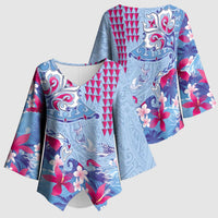 Hawaiian Tribal Manta Ray Kimono Sleeve Blouse Kakau Tattoo and Flowers Surfing Waves Pattern Soft Color LT03 - Polynesian Pride
