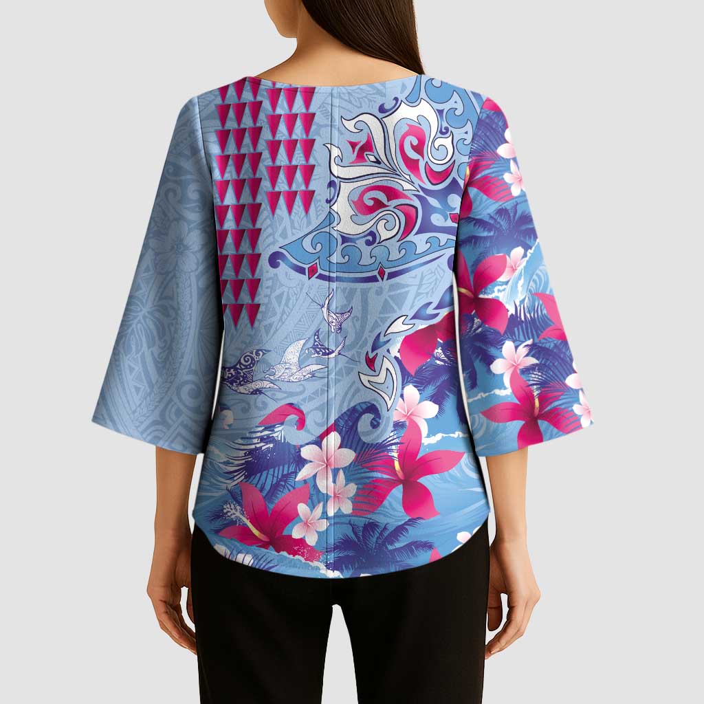 Hawaiian Tribal Manta Ray Kimono Sleeve Blouse Kakau Tattoo and Flowers Surfing Waves Pattern Soft Color LT03 - Polynesian Pride