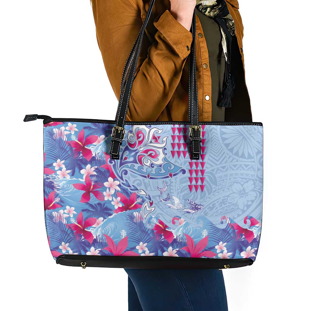 Hawaiian Tribal Manta Ray Leather Tote Bag Kakau Tattoo and Flowers Surfing Waves Pattern Soft Color LT03 - Polynesian Pride