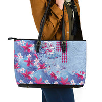 Hawaiian Tribal Manta Ray Leather Tote Bag Kakau Tattoo and Flowers Surfing Waves Pattern Soft Color LT03 - Polynesian Pride