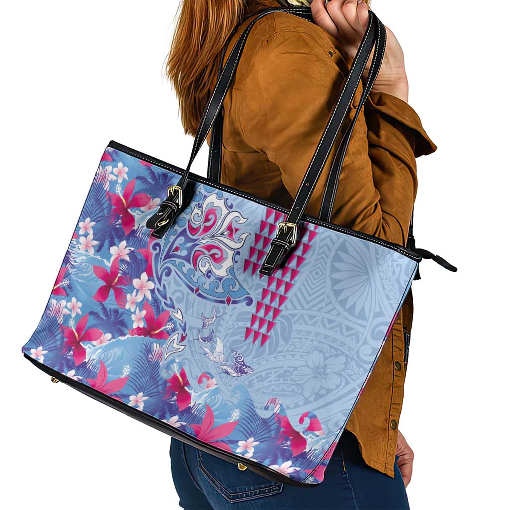 Hawaiian Tribal Manta Ray Leather Tote Bag Kakau Tattoo and Flowers Surfing Waves Pattern Soft Color LT03 - Polynesian Pride
