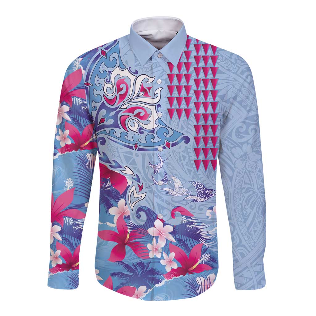 Hawaiian Tribal Manta Ray Long Sleeve Button Shirt Kakau Tattoo and Flowers Surfing Waves Pattern Soft Color LT03 Unisex Multicolor - Polynesian Pride