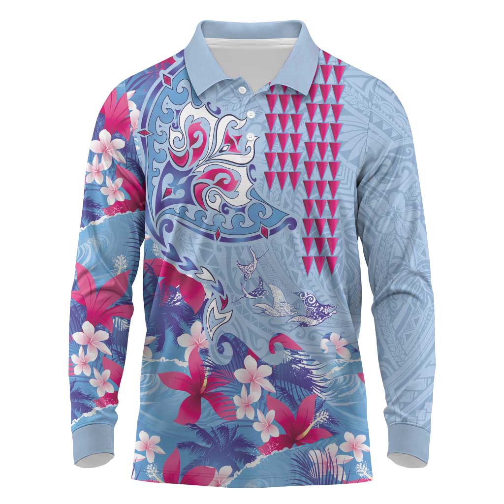 Hawaiian Tribal Manta Ray Long Sleeve Polo Shirt Kakau Tattoo and Flowers Surfing Waves Pattern Soft Color LT03 Multicolor - Polynesian Pride