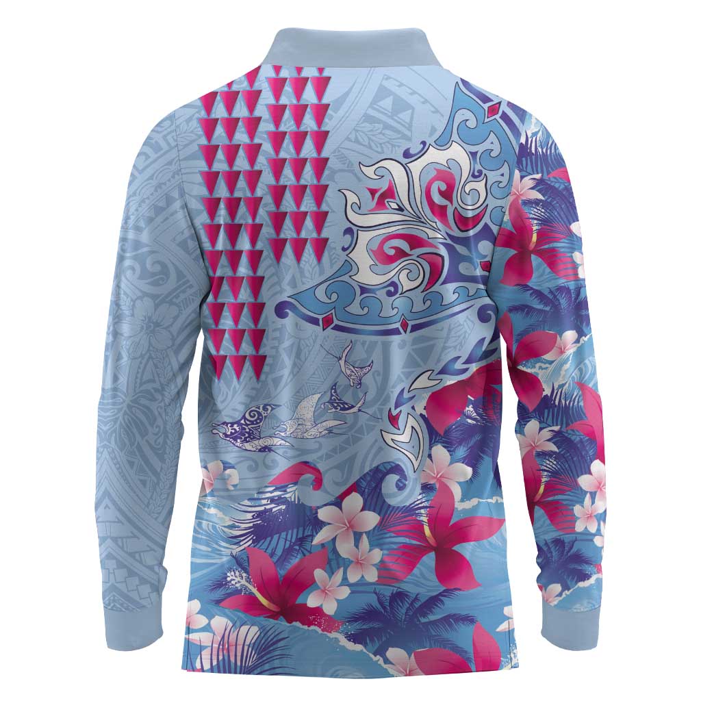Hawaiian Tribal Manta Ray Long Sleeve Polo Shirt Kakau Tattoo and Flowers Surfing Waves Pattern Soft Color LT03 - Polynesian Pride