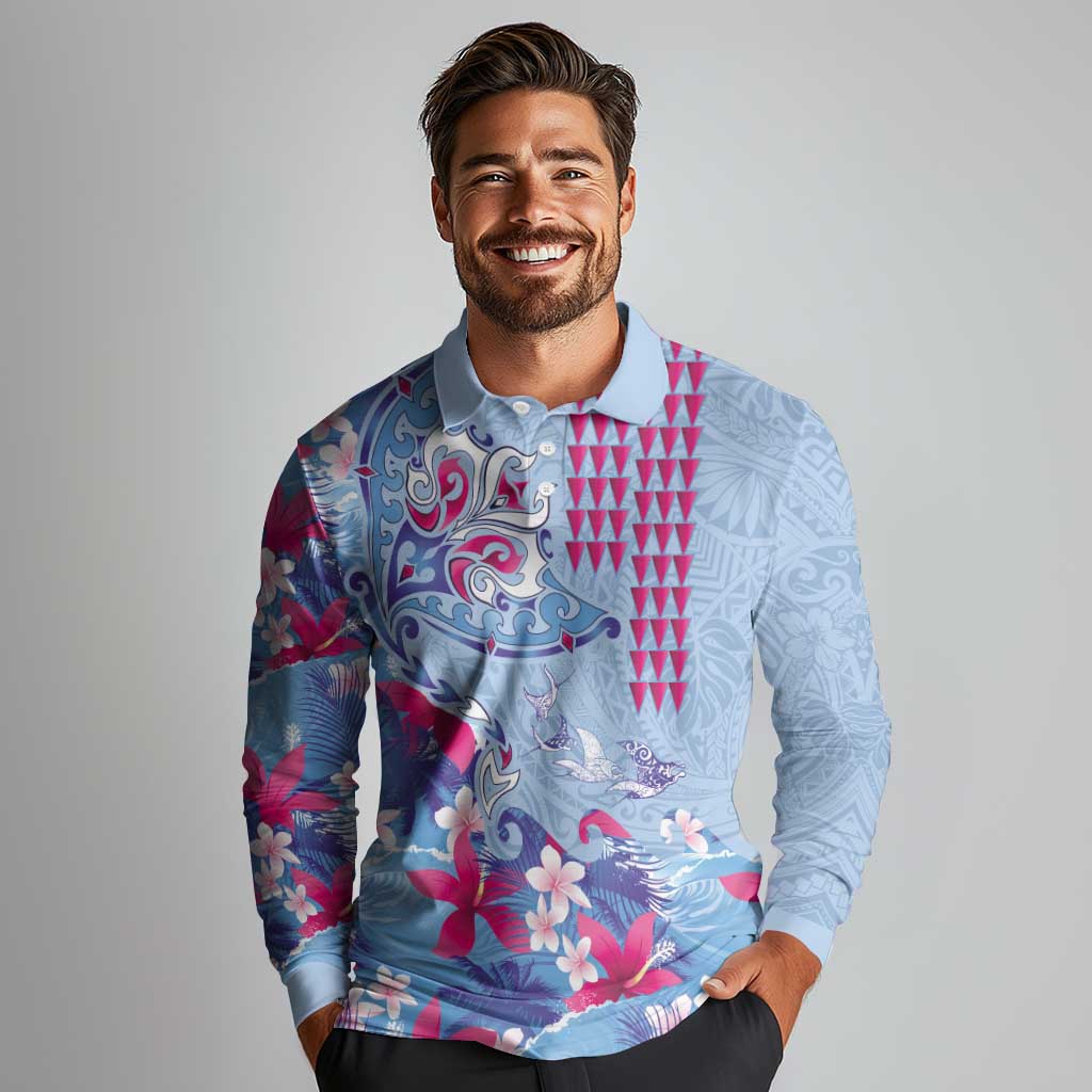 Hawaiian Tribal Manta Ray Long Sleeve Polo Shirt Kakau Tattoo and Flowers Surfing Waves Pattern Soft Color LT03 - Polynesian Pride