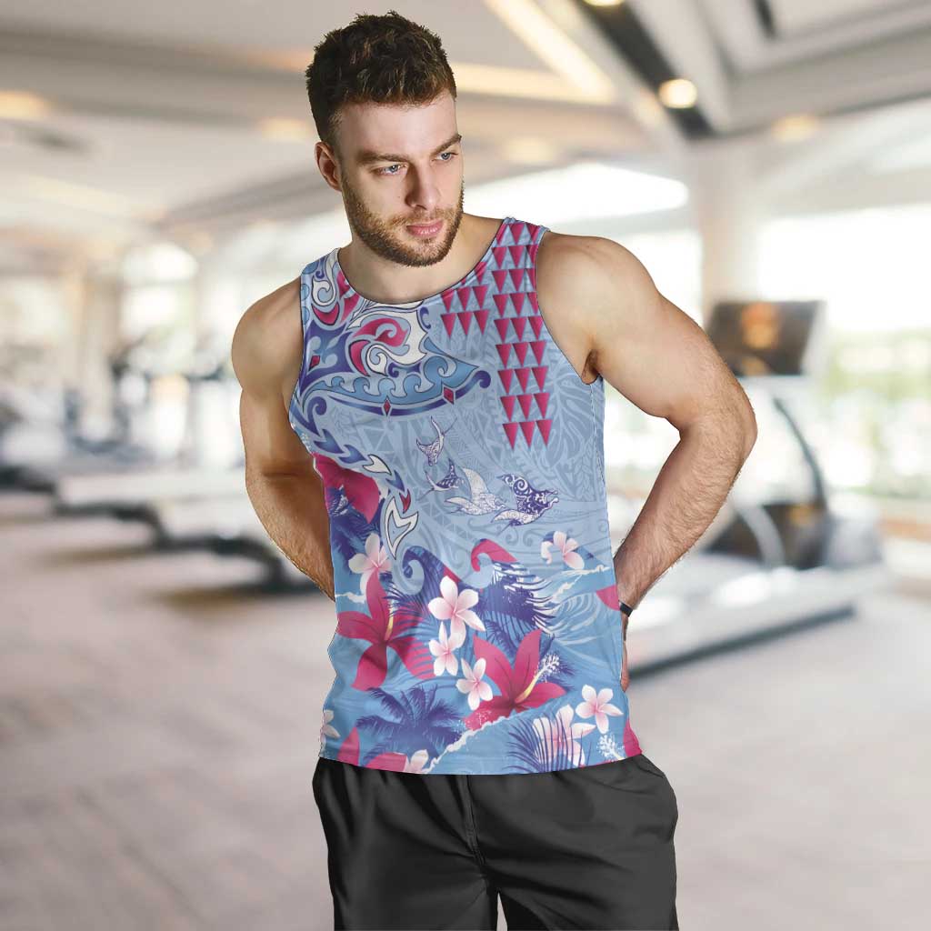 Hawaiian Tribal Manta Ray Men Tank Top Kakau Tattoo and Flowers Surfing Waves Pattern Soft Color LT03 Multicolor - Polynesian Pride