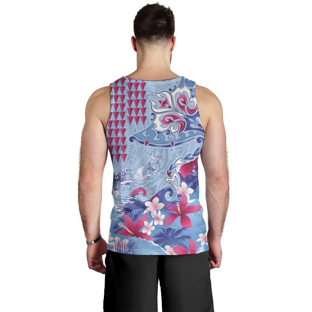 Hawaiian Tribal Manta Ray Men Tank Top Kakau Tattoo and Flowers Surfing Waves Pattern Soft Color LT03 - Polynesian Pride
