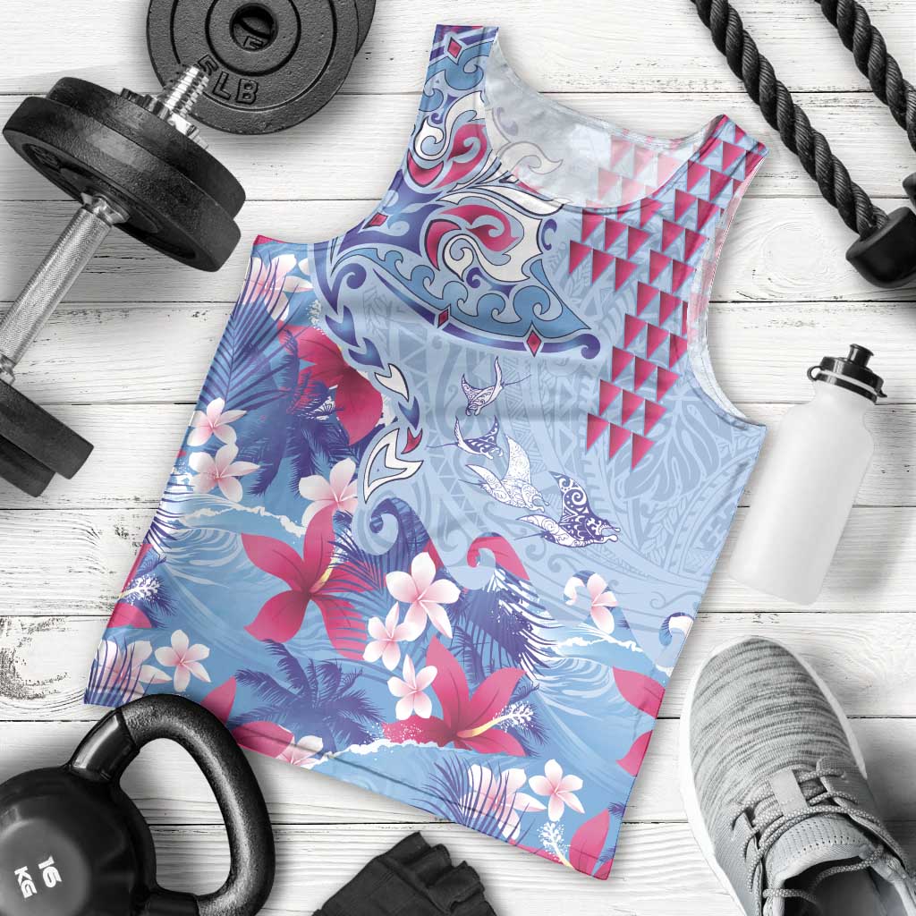 Hawaiian Tribal Manta Ray Men Tank Top Kakau Tattoo and Flowers Surfing Waves Pattern Soft Color LT03 - Polynesian Pride