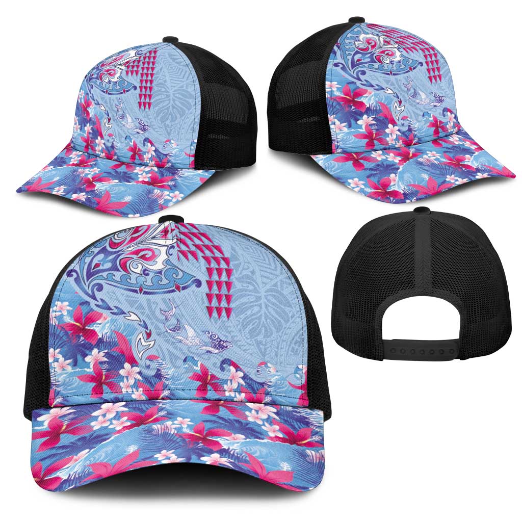 Hawaiian Tribal Manta Ray Mesh Trucker Cap Kakau Tattoo and Flowers Surfing Waves Pattern Soft Color