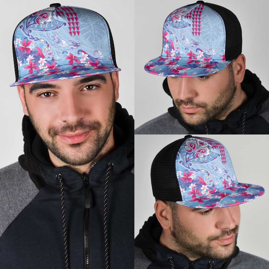 Hawaiian Tribal Manta Ray Mesh Trucker Cap Kakau Tattoo and Flowers Surfing Waves Pattern Soft Color