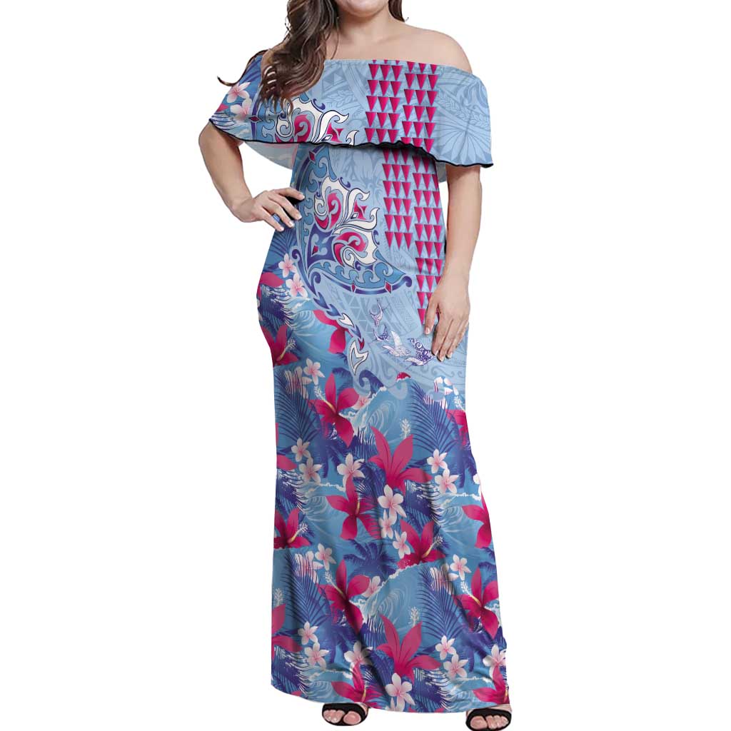 Hawaiian Tribal Manta Ray Off Shoulder Maxi Dress Kakau Tattoo and Flowers Surfing Waves Pattern Soft Color
