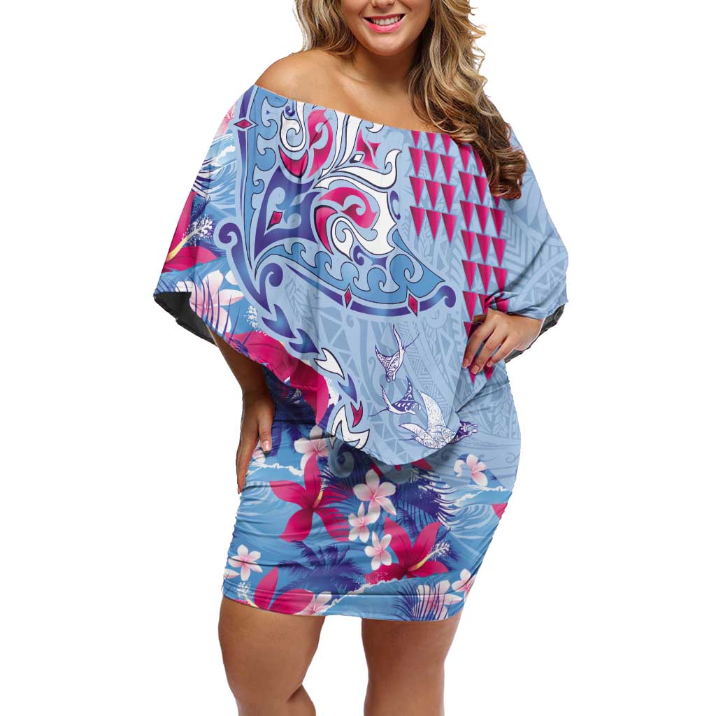 Hawaiian Tribal Manta Ray Off Shoulder Short Dress Kakau Tattoo and Flowers Surfing Waves Pattern Soft Color LT03 Women Multicolor - Polynesian Pride