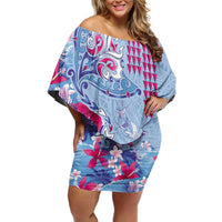 Hawaiian Tribal Manta Ray Off Shoulder Short Dress Kakau Tattoo and Flowers Surfing Waves Pattern Soft Color LT03 Women Multicolor - Polynesian Pride
