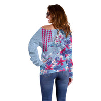 Hawaiian Tribal Manta Ray Off Shoulder Sweater Kakau Tattoo and Flowers Surfing Waves Pattern Soft Color