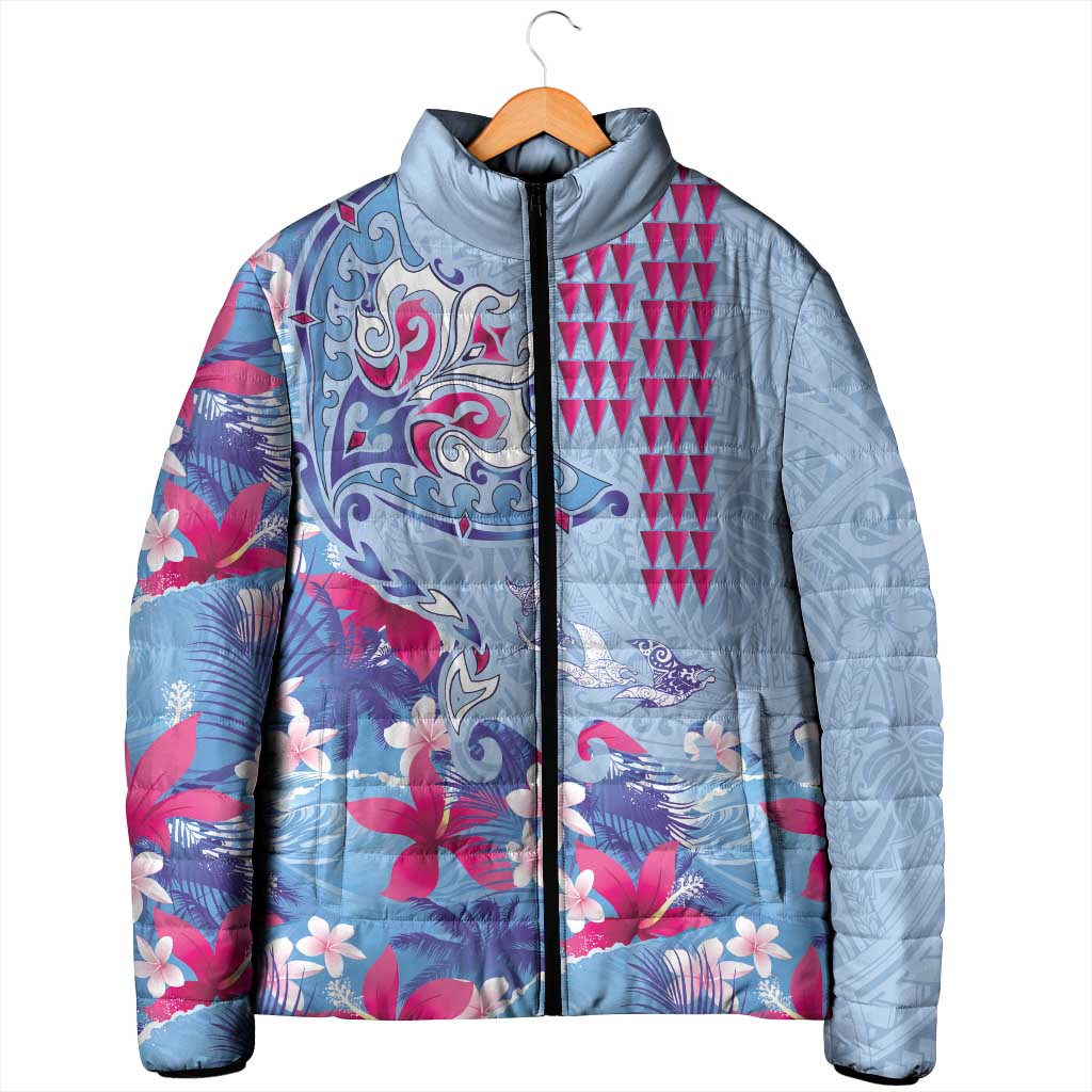 Hawaiian Tribal Manta Ray Padded Jacket Kakau Tattoo and Flowers Surfing Waves Pattern Soft Color