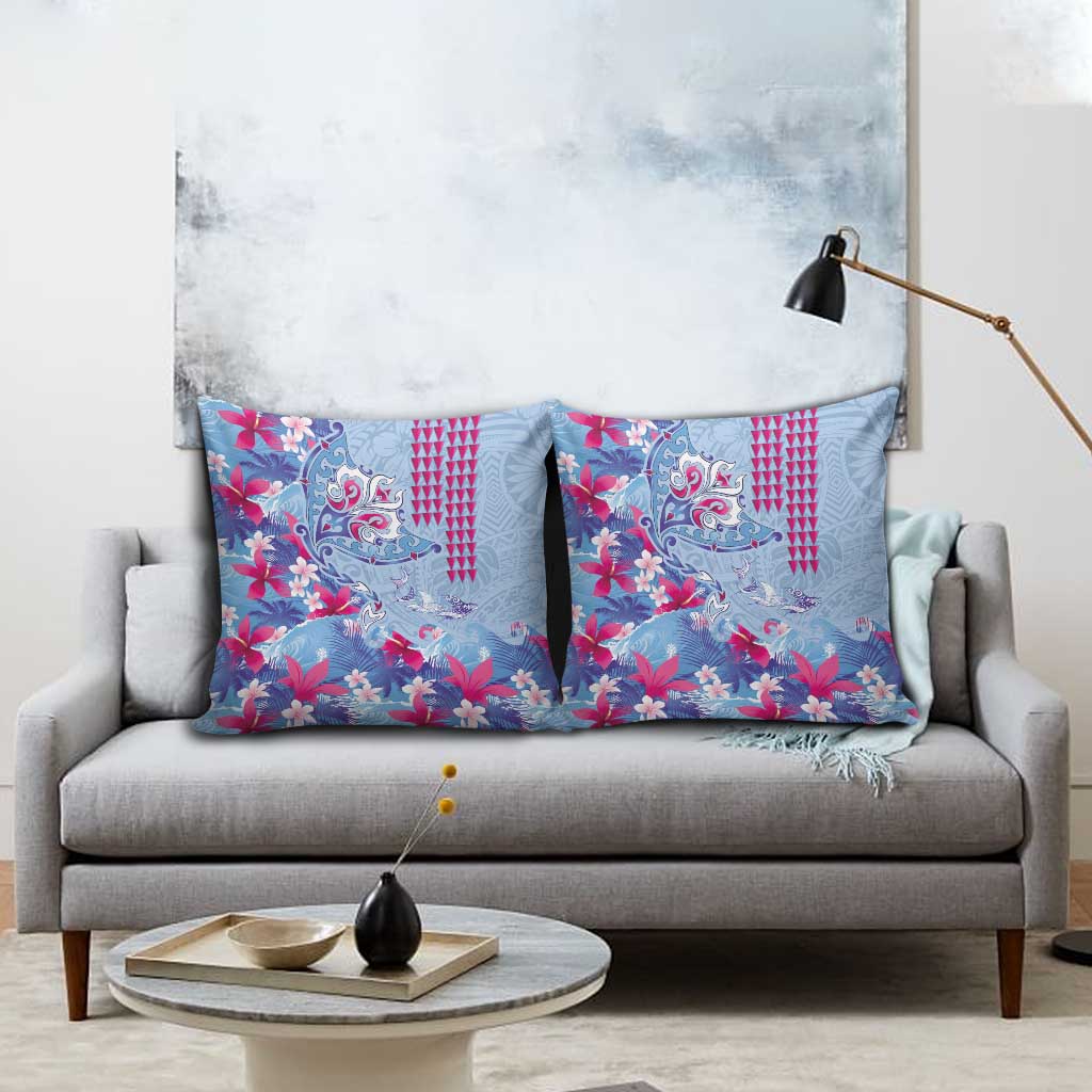 Hawaiian Tribal Manta Ray Pillow Cover Kakau Tattoo and Flowers Surfing Waves Pattern Soft Color