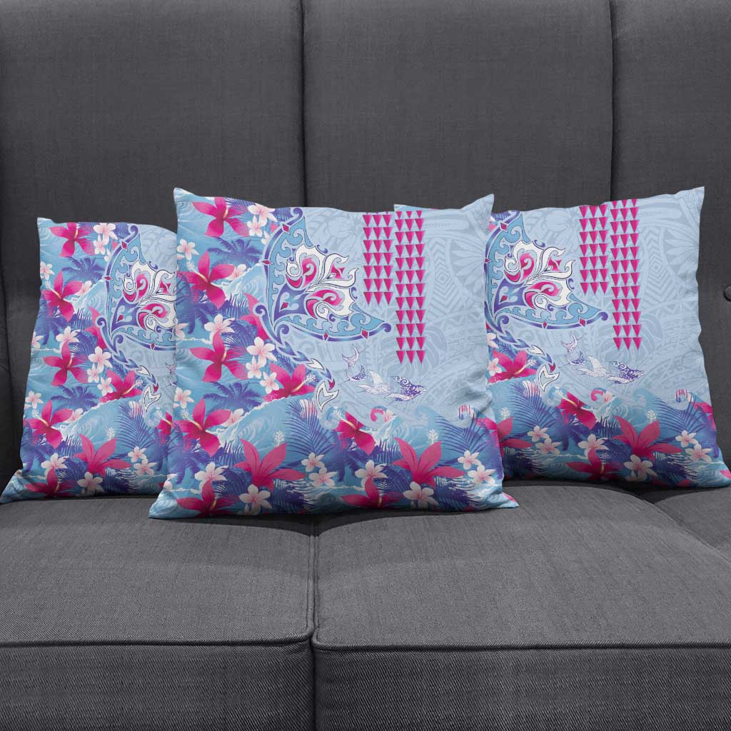 Hawaiian Tribal Manta Ray Pillow Cover Kakau Tattoo and Flowers Surfing Waves Pattern Soft Color