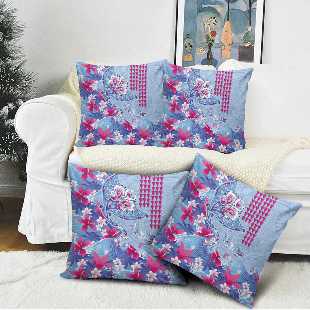 Hawaiian Tribal Manta Ray Pillow Cover Kakau Tattoo and Flowers Surfing Waves Pattern Soft Color