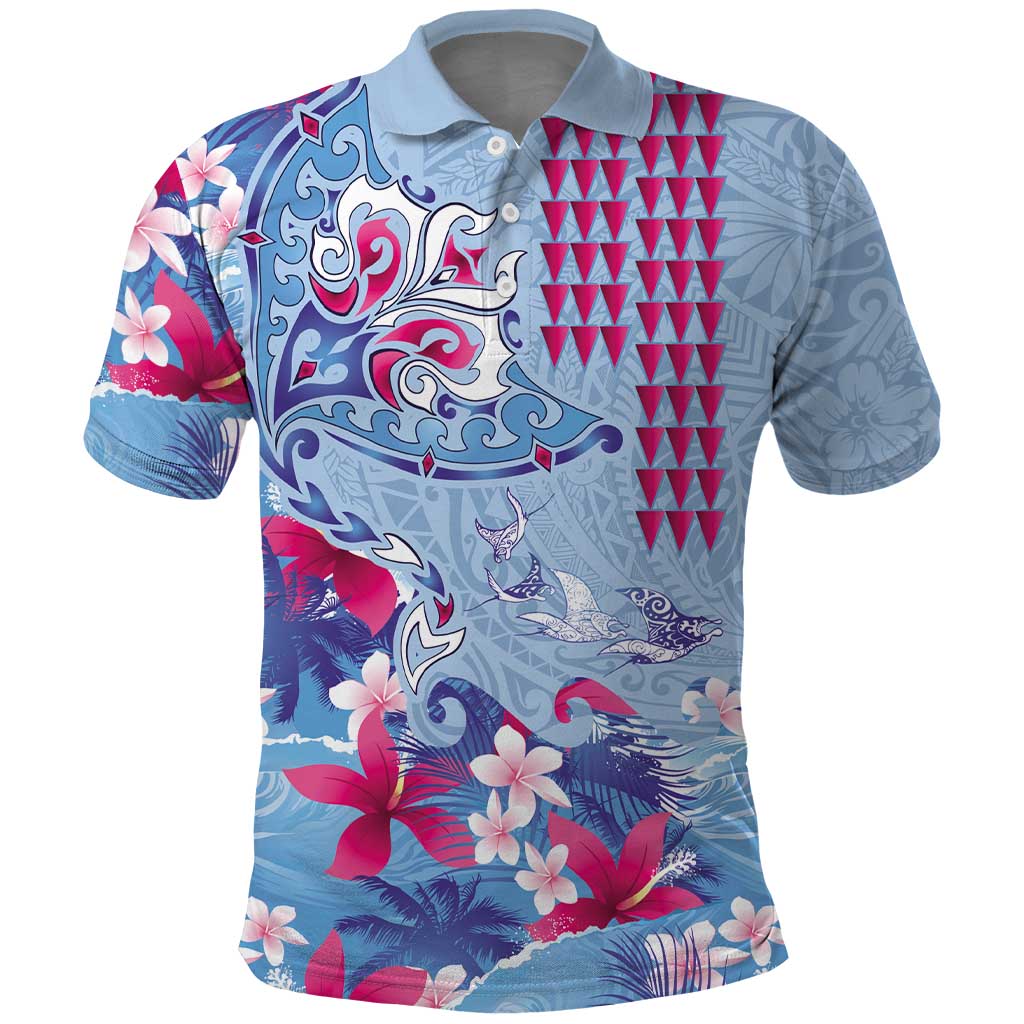 Hawaiian Tribal Manta Ray Polo Shirt Kakau Tattoo and Flowers Surfing Waves Pattern Soft Color LT03 Multicolor - Polynesian Pride
