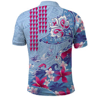 Hawaiian Tribal Manta Ray Polo Shirt Kakau Tattoo and Flowers Surfing Waves Pattern Soft Color LT03 - Polynesian Pride