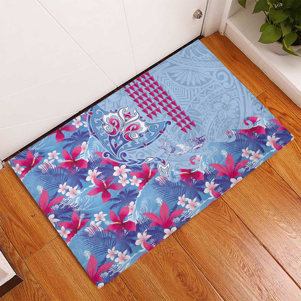 Hawaiian Tribal Manta Ray Rubber Doormat Kakau Tattoo and Flowers Surfing Waves Pattern Soft Color