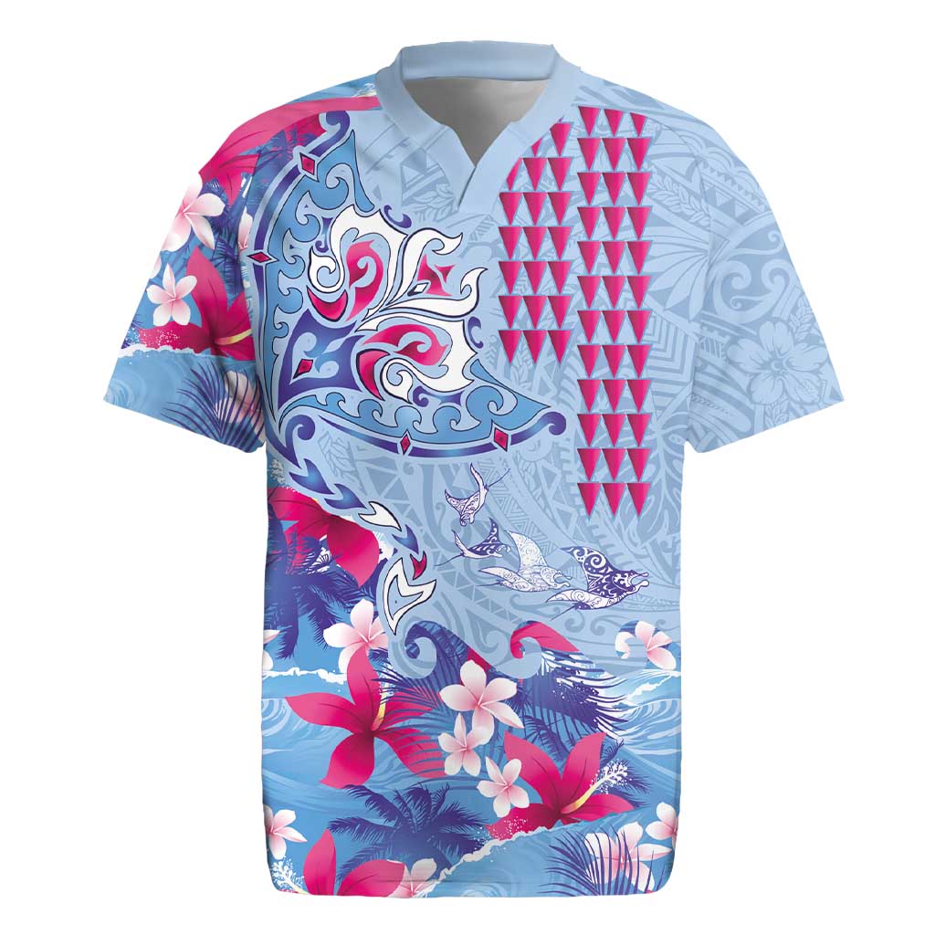 Hawaiian Tribal Manta Ray Rugby Jersey Kakau Tattoo and Flowers Surfing Waves Pattern Soft Color